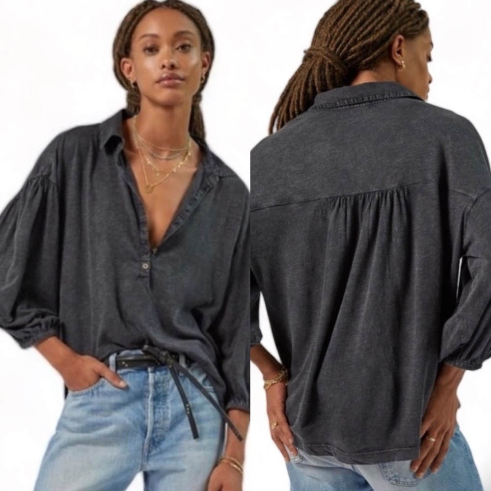 ANTHRO PILCRO Cozy Boho Balloon Sleeve Acid Wash Out Black Quarter Button Shirt